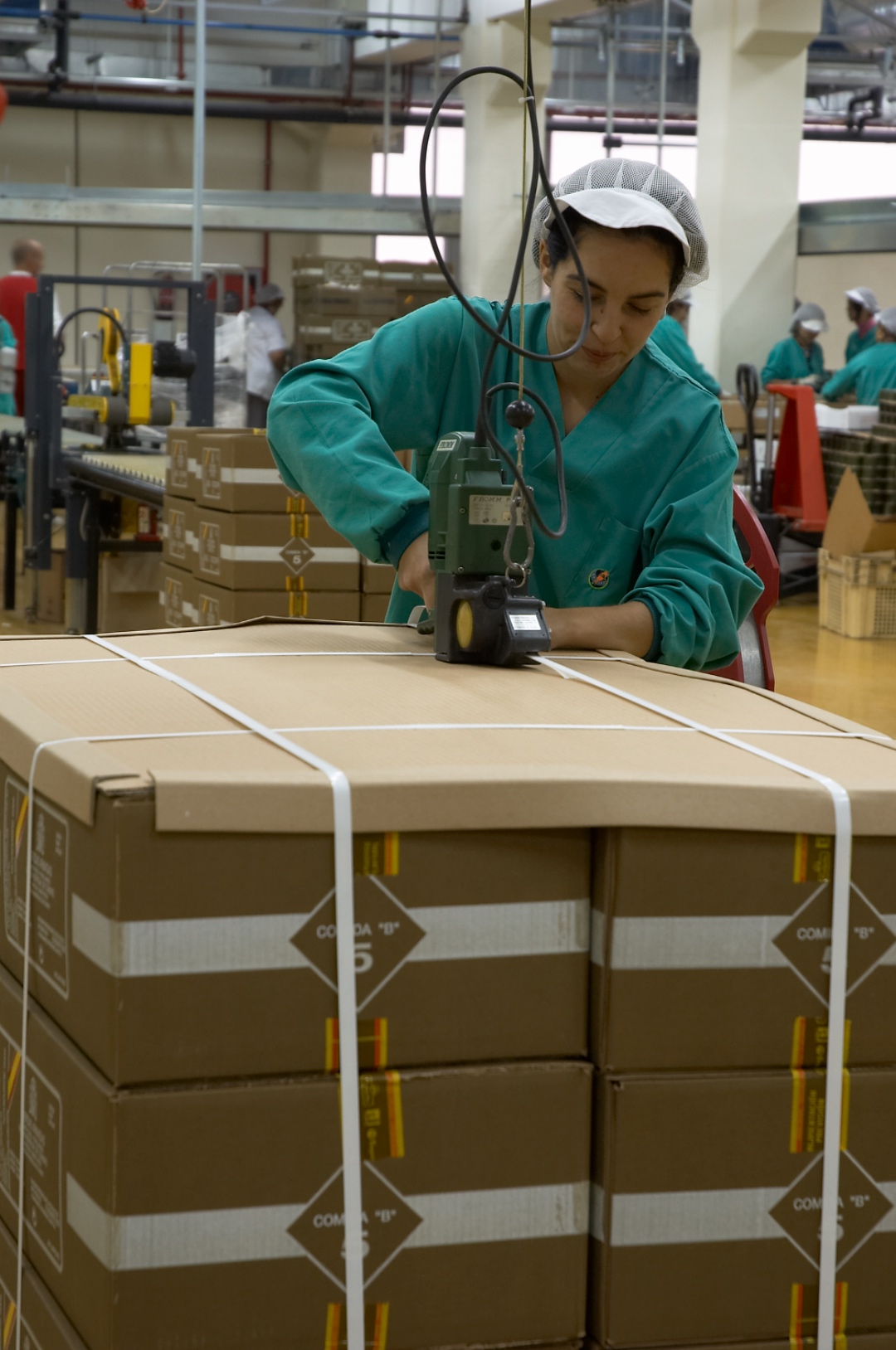 Operaria precintando cajas de raciones de combate Comida B en la planta de Alonso Company